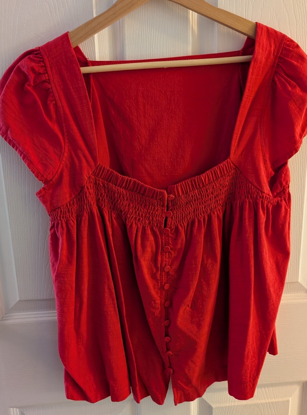 Women’s Red Cotton Linen Blend Button-Front Peasant Top